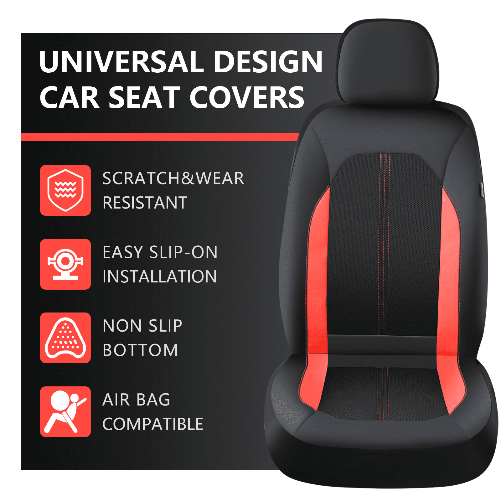 Coverado Full Set Car Seat Covers, Premium PVC&Fabric Material Seat Protectors, Universal Fit for Most Cars, Black&Red