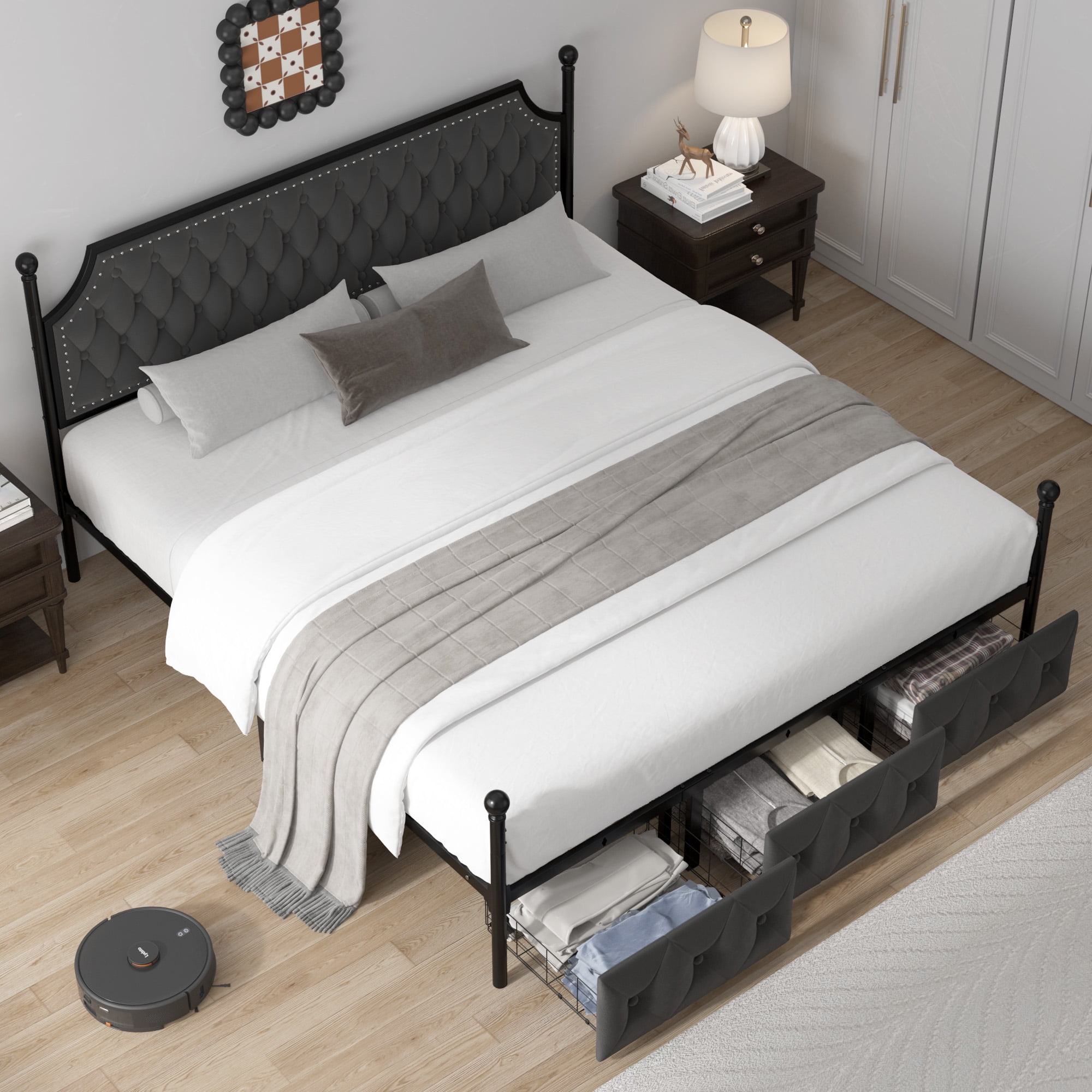 Homfa King Canopy Bed Frame for Bedroom with Drawer, Modern Platform Bed with Button Tufted Upholstered Headboard, Canopy Bed Curtain Not Included, Dark Gray