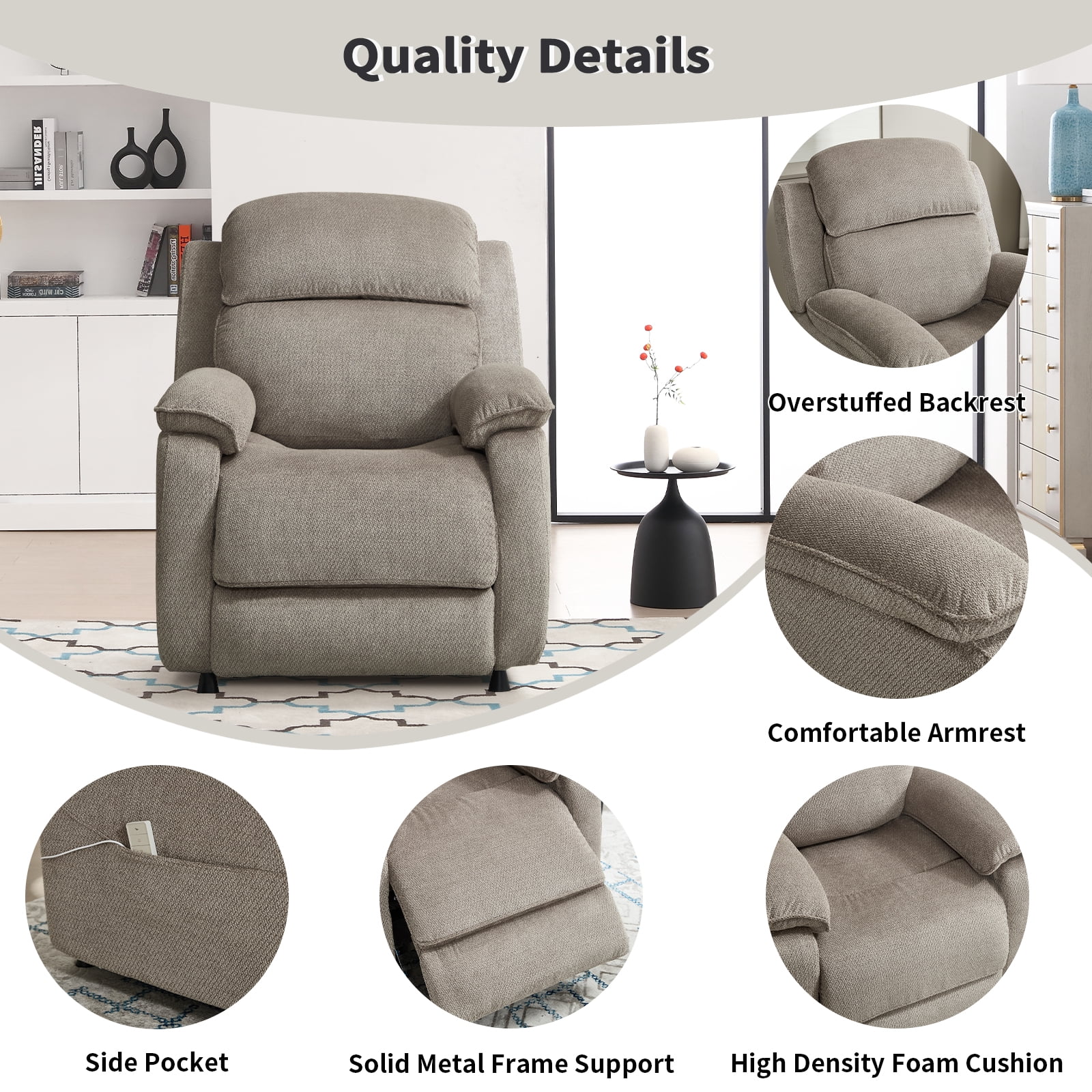 Bonzy Home Power Recliner Chair — Electric Recliner with Remote Control & Side Pockets, Compact Home Theater Seating for Small Spaces
