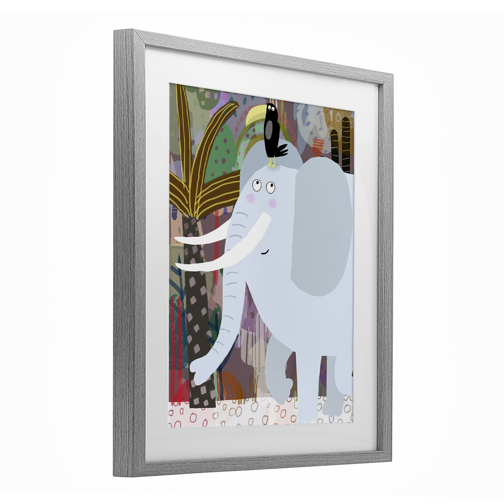 Elephant & Toucan in Jungle Gray Framed Print Under Glass, design by Carla Daly