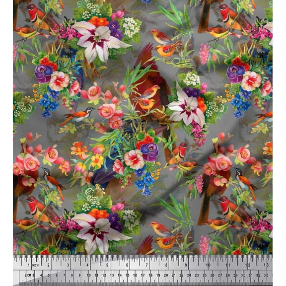 Soimoi Cotton Duck Fabric Birds,Leaves & Lily Floral Print Fabric by The Yard 42 Inch Wide