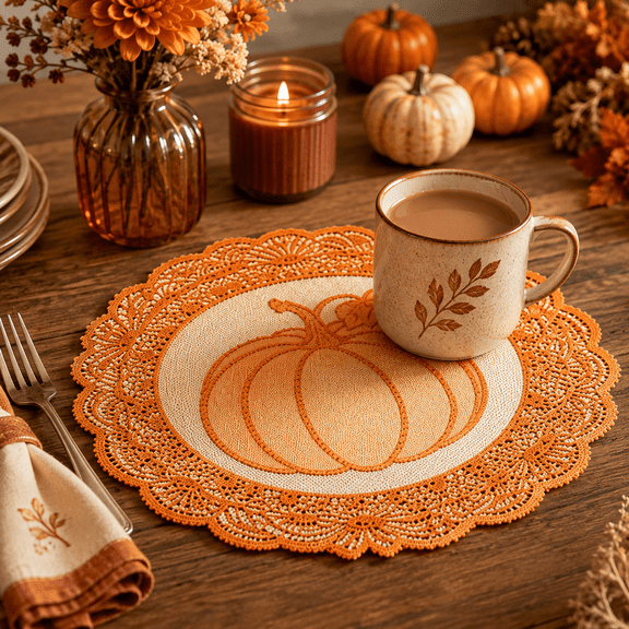 11.8in Fall Pumpkin Lace Placemat,Round Knit Doily Orange Thanksgiving Table Mat for Dining,Holiday Tabletop Decor