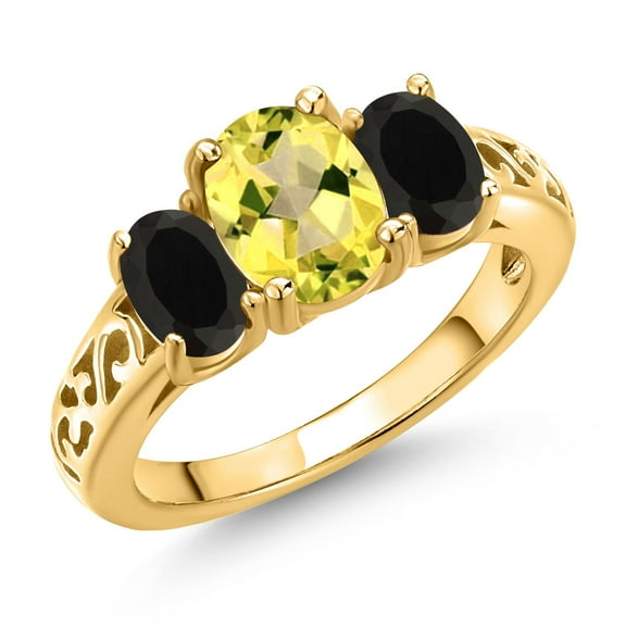 Gem Stone King 18K Yellow Gold Plated Silver Canary Mystic Topaz and Black Onyx Filigree Style 3 Stone Ring for Women (2.36 Cttw, Oval 8X6MM and 6X4MM) (Size 5)