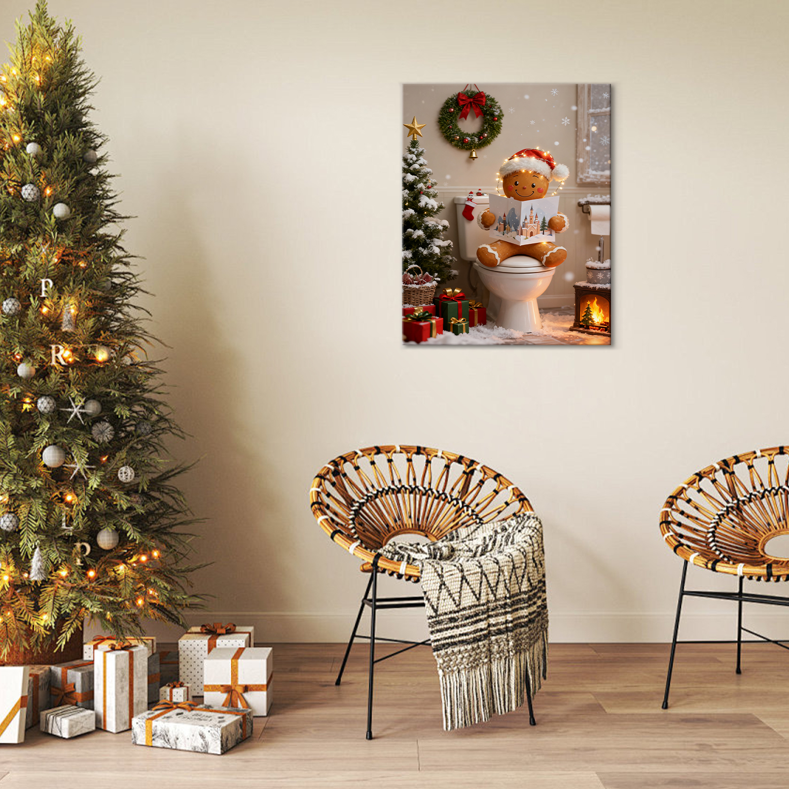 P&L Art Gingerbread Man Christmas Bathroom Canvas Wall Art, Festive Decor with Santa Hat & Lights, Framed Canvas Print