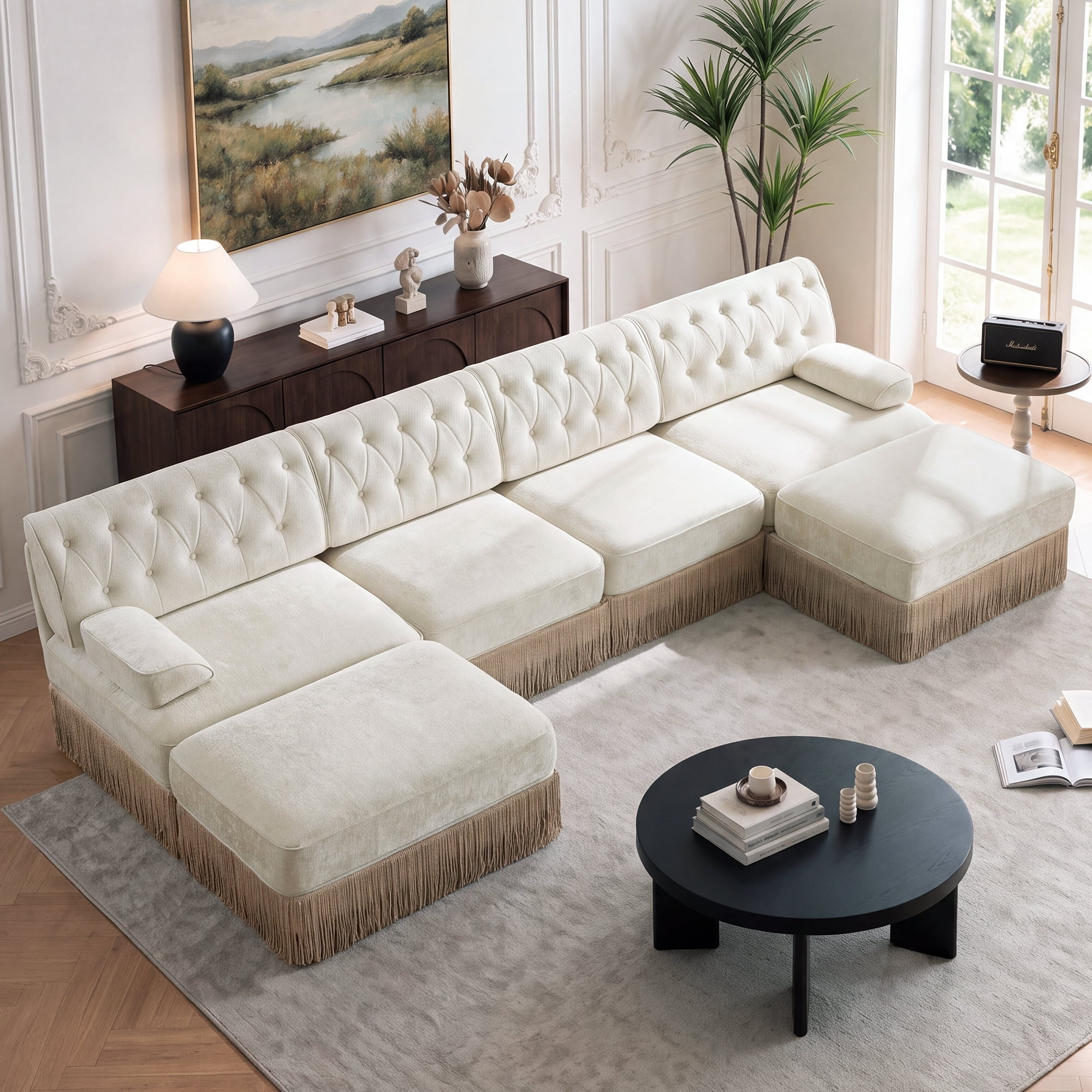 135" Chesterfield 4 Seater U-Shaped Modular Sectional Sofa Set with 2 Ottoman and Tassel Skirt, Easy to Assemble
