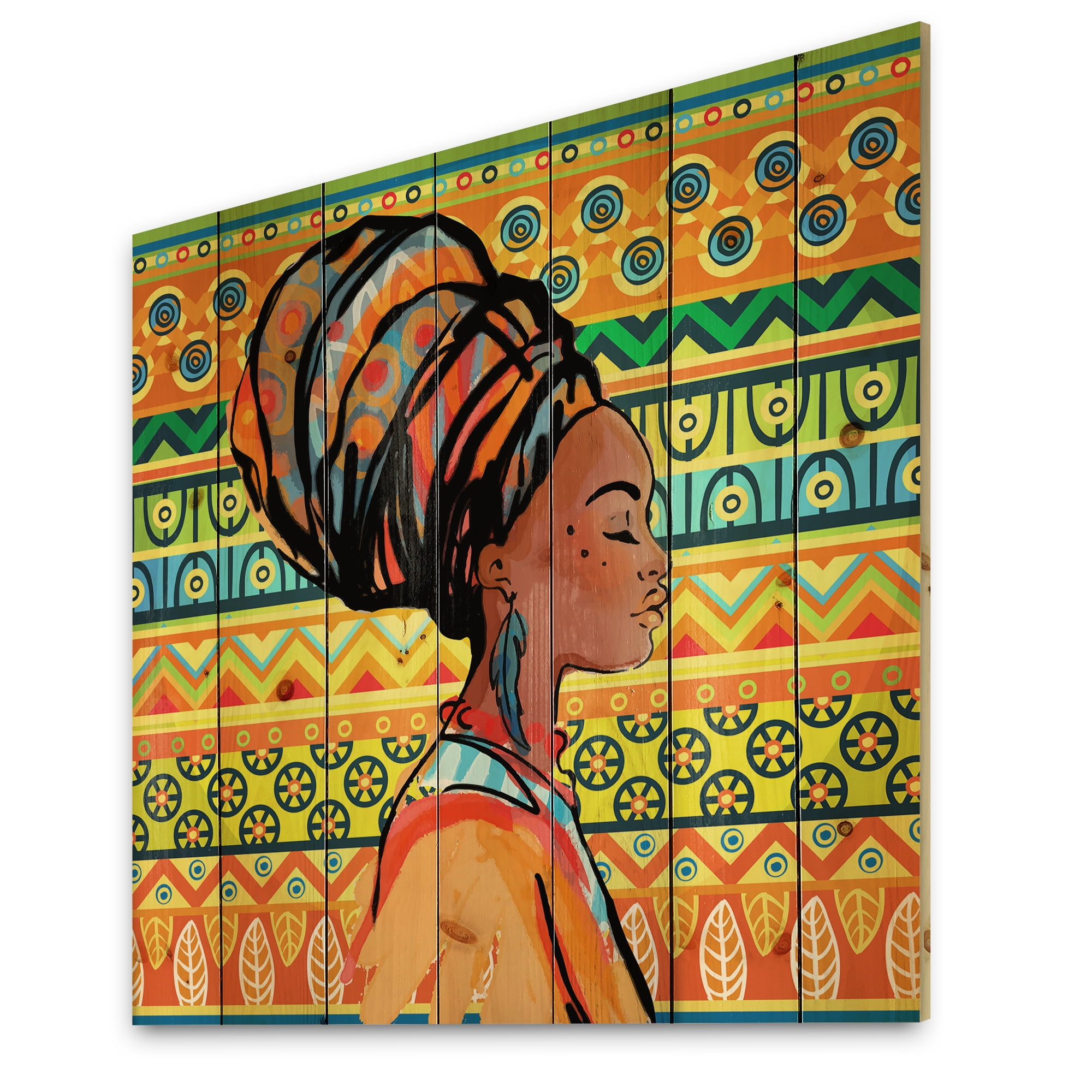 Designart 'African American Woman Portrait with Turban III' Modern Print on Natural Pine Wood