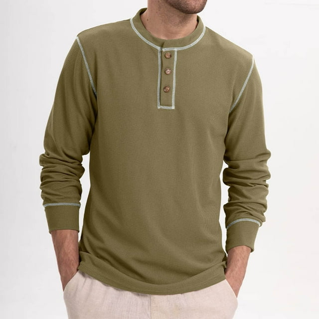 pstuiky manga larga para hombre, Sudadera informal de color liso con botones y manga larga y cuello redondo para hombre top de hombre m