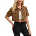 thumbnail image 4 of INSPIRE CHIC Women's Denim Cropped Short Sleeve Button Up Frayed Washed Jean Jacket XL Dark Brown, 4 of 6
