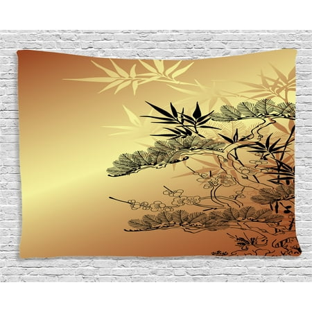 - Japanese Decor Tapestry, Asian Branches and Bamboo Motifs with Showy Leaf Nature Illustration Art, Wall Hanging for Bedroom Living Room Dorm Decor, 60W X 40L Inches, Sepia Black, by Ambesonne