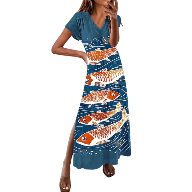 Vestido de Verano Largo para las Mujeres, Primavera Y Verano Cuello en V, Vestido de Manga Corta Casual Sólido