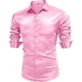 thumbnail image 2 of Mens Silk Shirts Long Sleeve-Luxury Shiny Silk Satin Party Dress Shirt Button Up Casual Muscle Fit for Men(Pink,M), 2 of 5