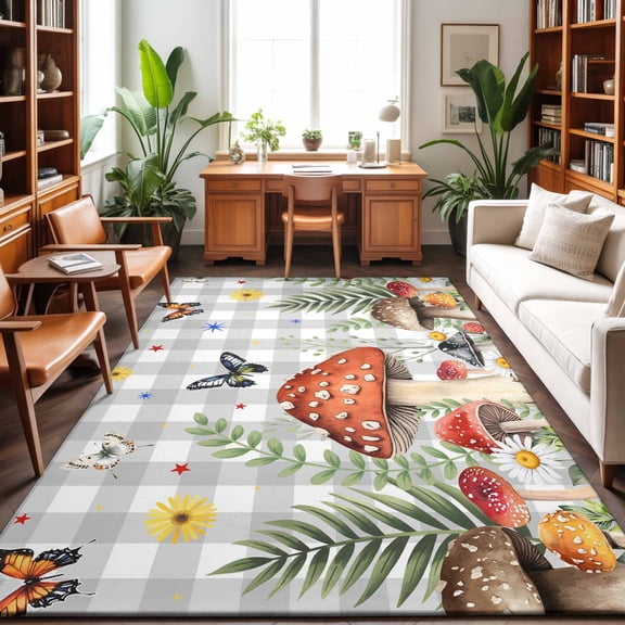 Area Rugs 5'x7', Spring Mushrooms Carpet Runner Indoor Outdoor Rugs Home Decor Aesthetic, Farmhouse Pastoral Botanical Gray Plaid Non Slip Mats Washable Accent Rug for Living Room Bedroom