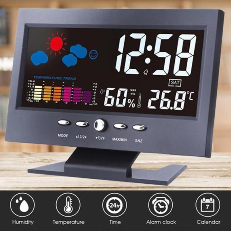 Digital Weather LCD Snooze Mirror Alarm Clock Color Display w/LED Blue Backlight 