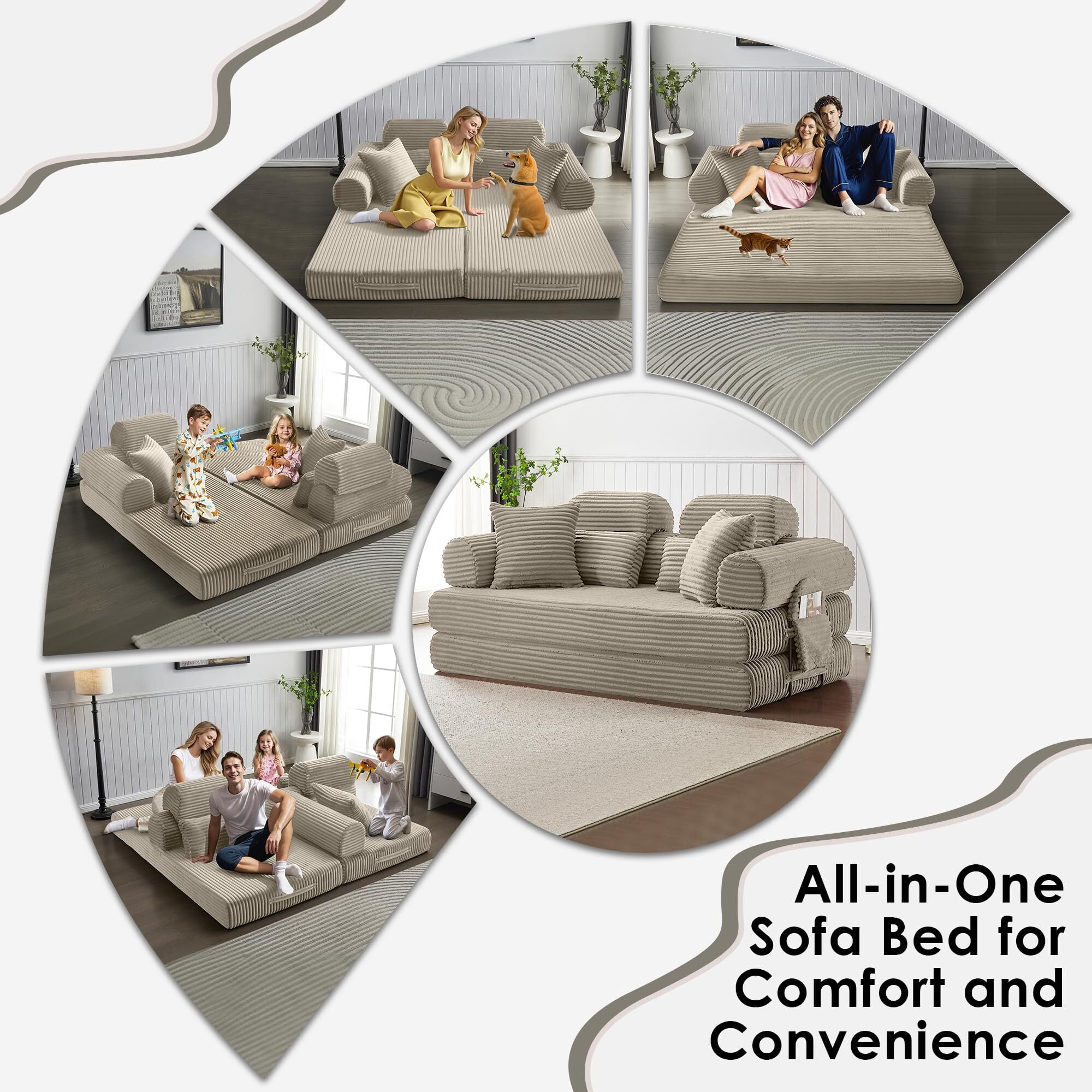 Howcool Sleeper Sofa Bed, 78.5" Convertible Floor Couch, Corduroy Folding Boneless Loveseat, Memory Foam Pull Out (Queen to King Size), No Assembly for Living Room, Orange