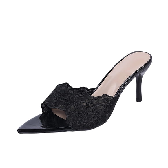 Xfvqtps Heeled Mules for Women Lace Embroidery Open Pointed Toe Slide Sandals Dressy Spring Summer Evening Party Pumps Shoes