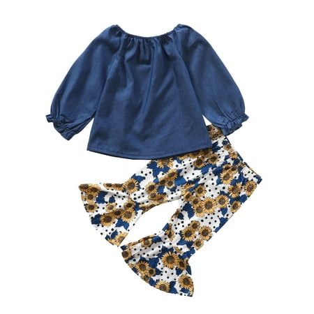 

Zlekejiko Kids Toddler Baby Girls Autumn Winter Floral Cotton Long Sleeve Tops Bell Bottom Set Clothes