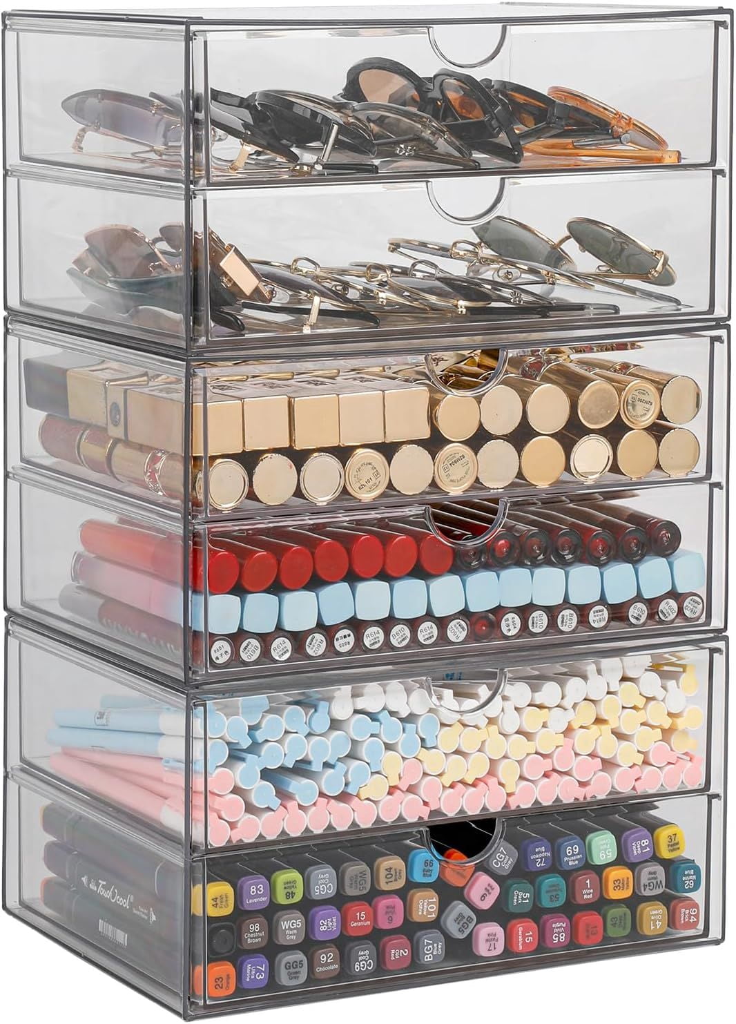 Stackable Clear Plastic Storage Drawers, 6-Drawer Organizer Bin for Home Office, Bathroom, Kitchen, Pantry, Desk Storage for Markers, Pencils, Books, Art Crafts & Makeup  RLB