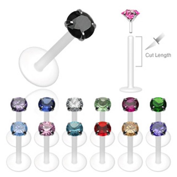 Crystal Prong Suction Lip Ring/Tragus/Cartilage/Conch Flat Back 16G UV (1.4mm) (Clear Round) B/4/5