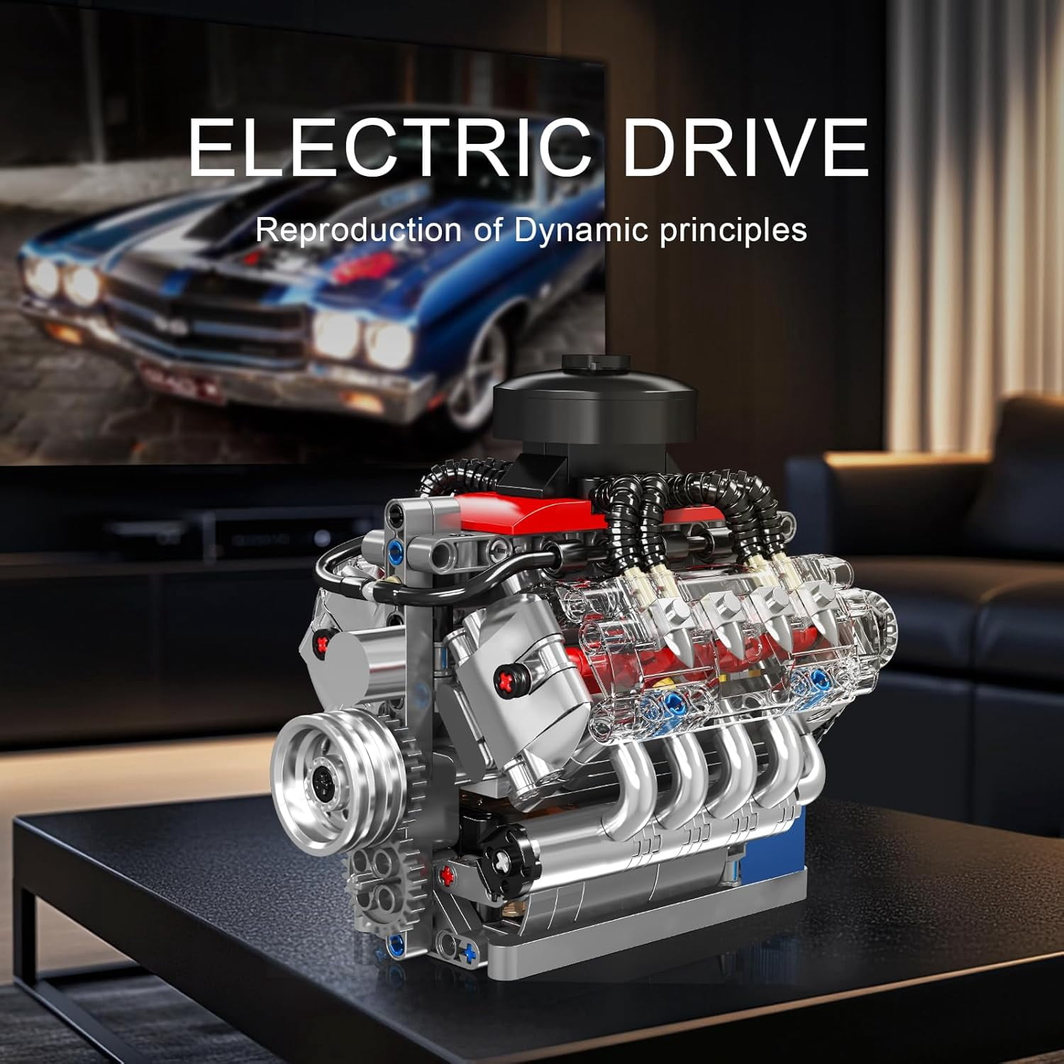 Engine Model Kit That Works, 8 Cylinder Car Engine with Motor, Building Blocks Collectibles for Adults, STEM Build Set (487 Pieces)