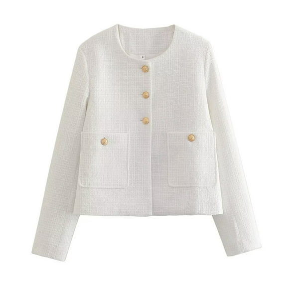 JGGSPWM Women's Casual Blazers Button Jacket Cropped Crew Neck Open Front Slim Long Sleeve Jacket with Pockets Tweed Outerwear White#/001 L