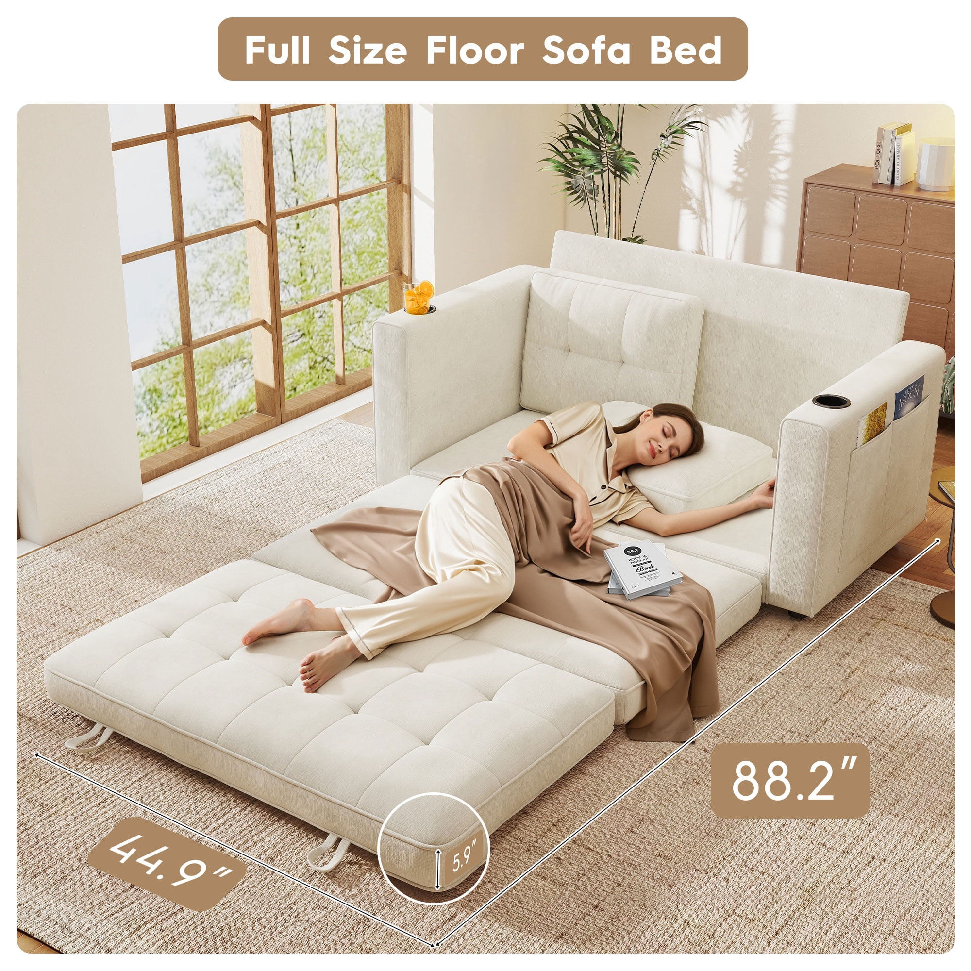 BedLuxury 55" Foldable Loveseat Futon Sofa Bed with Cup Holder & Storage Pocket, 3-in-1 Sleeper Couch, Space Saving, Chenille Beige