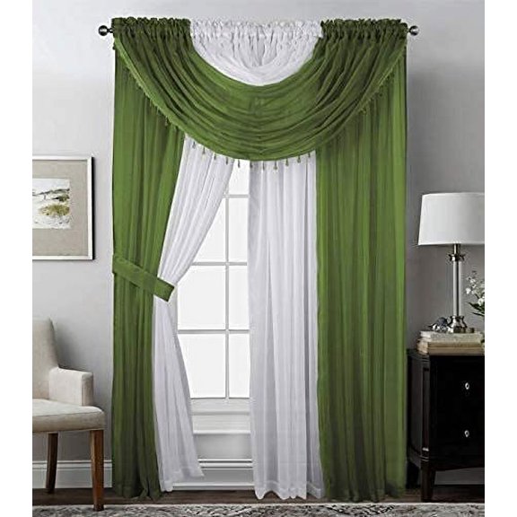 Complete Window Sheer Curtain Panel Set with 4 Attached Panels 55x84 Each and 2 Valances with Beads and 2 Tiebacks - Easy Installation- Multicolor Sage/Olive Green