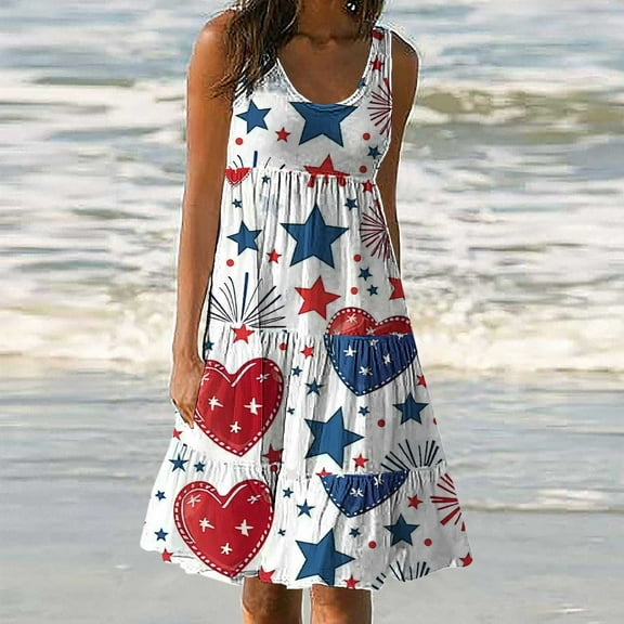 CFLVAEK 4th of July Dress Women Plus Size Sleeveless Tiered Sundress Casual Scoop Neck Midi Dress Stars Stripeds Print Vacation Beach Dress M