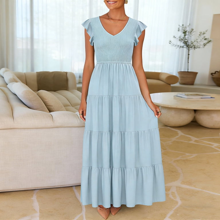 blue dress for baby girl ever ROUX|V-Neck Leaf Sequined Sleeveless A-Line Midi Wedding Guest Dress