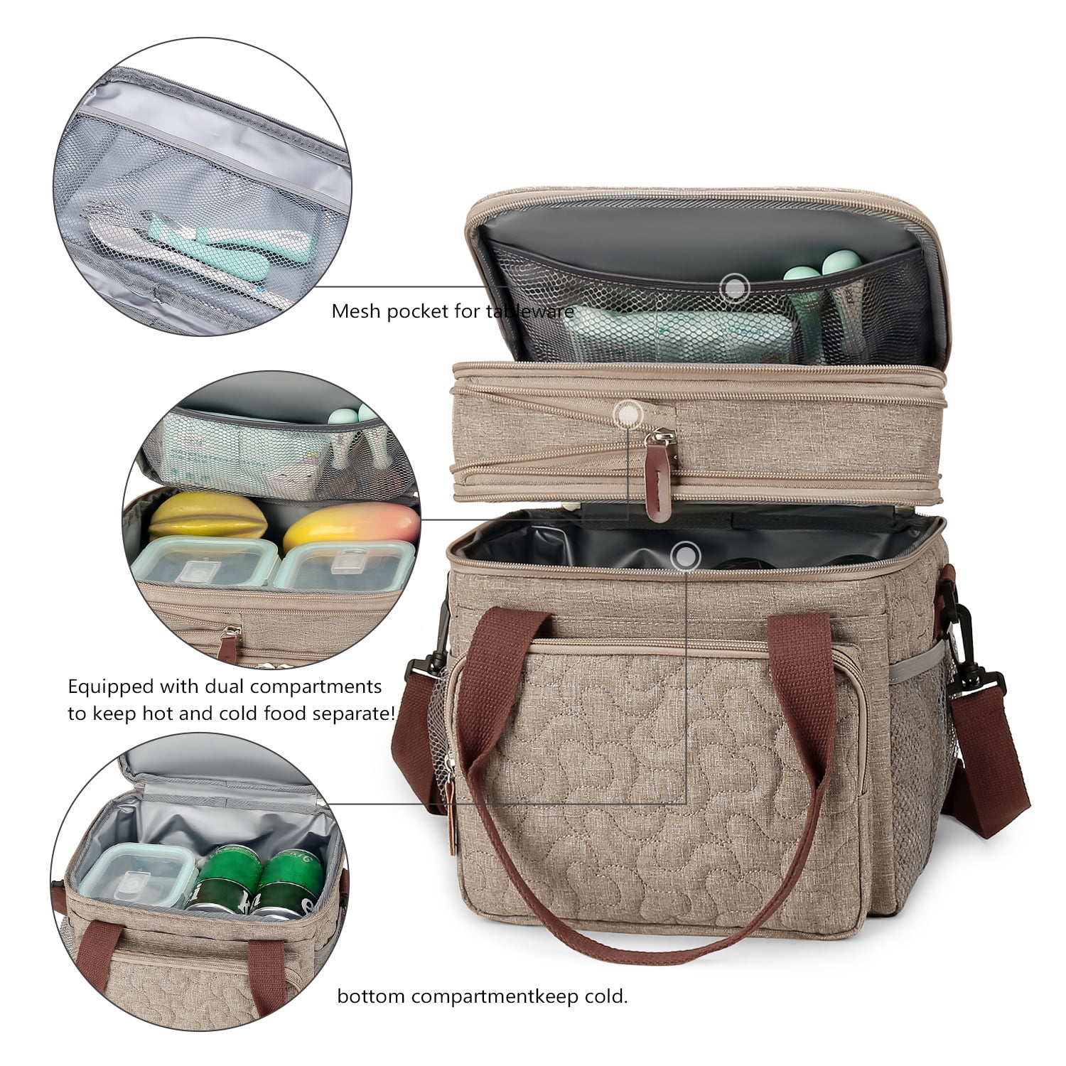 Insulated Lunch Bag Lunch Box Expandable Double Deck Cooler Bag Leakproof Side Tissue Pocket, Adjustable Shoulder Strap for Picnic Camping Hiking School Work, Khaki