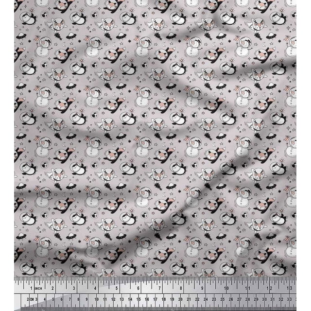 Soimoi Gray polyester Crepe Fabric Snowman & Penguin Cartoon Fabric Prints By Yard 52 Inch Wide
