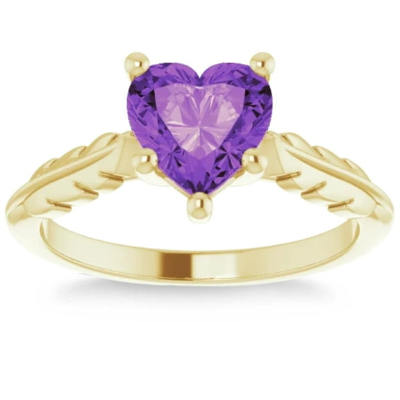 Pompeii 7mm Amethyst Solitaire Heart Shape Leaf Accent Ring in 14k White or Yellow Gold