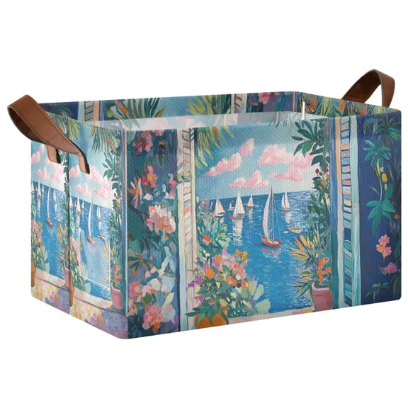 Yayeee Foldable Storage Basket for Shelves with Handles Waterproof Cloth Bins, Blue Sea