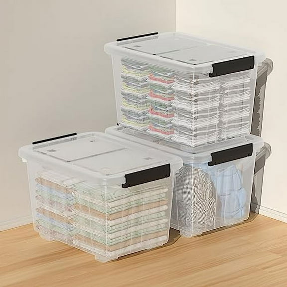 4-Pack 35 Quart Plastic Storage Bin with Secure Lid and Latching Buckles, Stackable Wheeled Container Box
