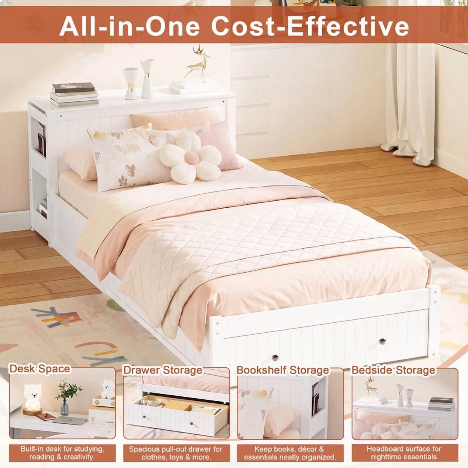 Twin Size Platform Bed with Pull-Out Hidden Desk, Wood Storage Bed Frame with Headboard Shelving & Footboard Drawer