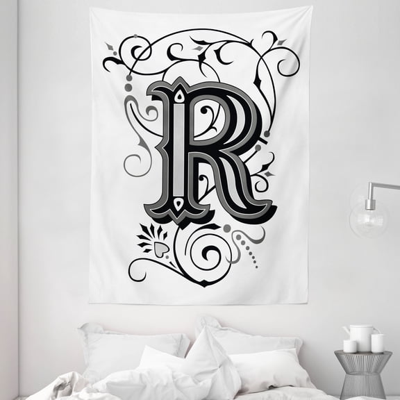 Letter R Tapestry, Baroque Antique R Typography with Old Fashion English Aristocratic Swirls, Wall Hanging for Bedroom Living Room Dorm Decor, 60W X 80L Inches, Black Grey White, by Ambesonne