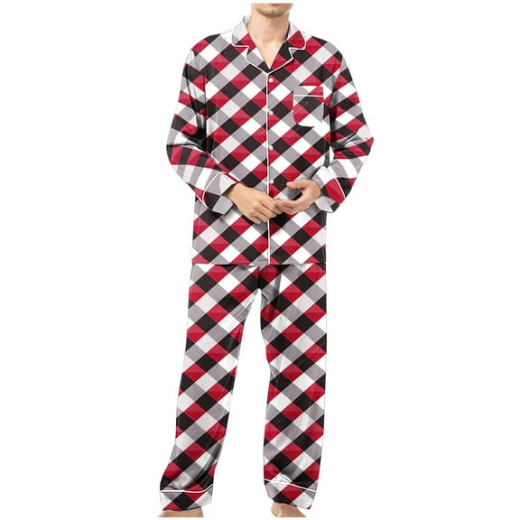 Jgppe Men's Long Sleeve Pajamas Plaid Printed Button down Shirt Elastic Waist Long Pants Party Sleepwear
