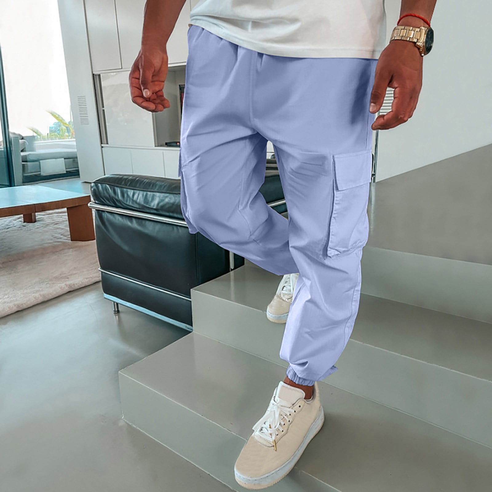 JNGSA Mens Cargo Joggers Sweatpant- Cotton Drawstring Cuffed Pants  Sweatpants Trousers with Pocket Athletic Pants for Workout Light Blue XL  Clearance 