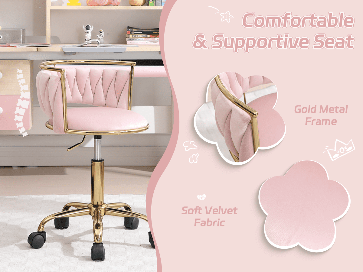 Guyou Kids Desk Chair, Velvet Rolling Swivel Children Chair, Adjustable Student Task Chair, Curved Woven Backrest Vanity Chair for Bedroom Dormitory Children Gifts, Pink