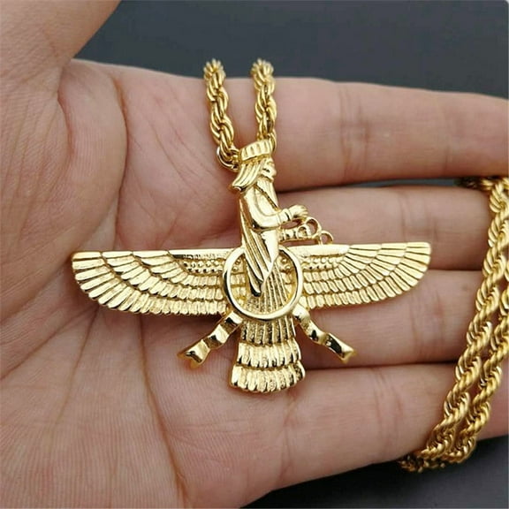New Men Hip Hop Iran Faravahar Ahura Mazda Zoroastrian Pendant Necklace 14K Yellow Gold Men Jewelry