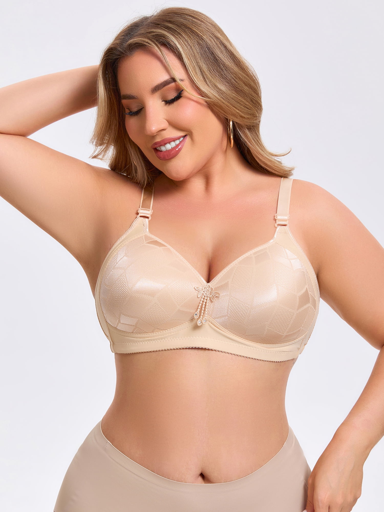 DARING DIVA Women's Deep V Wireless Bralette Soft Cup Adjustable Straps Bra C 48 Beige