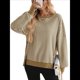 thumbnail image 3 of Sudadera Holgada de Otoño para Mujer, Informal, de Punto Gofre, Larga, Cuello Redondo, Abertura, Tipo Túnica. Caqui M, 3 of 9