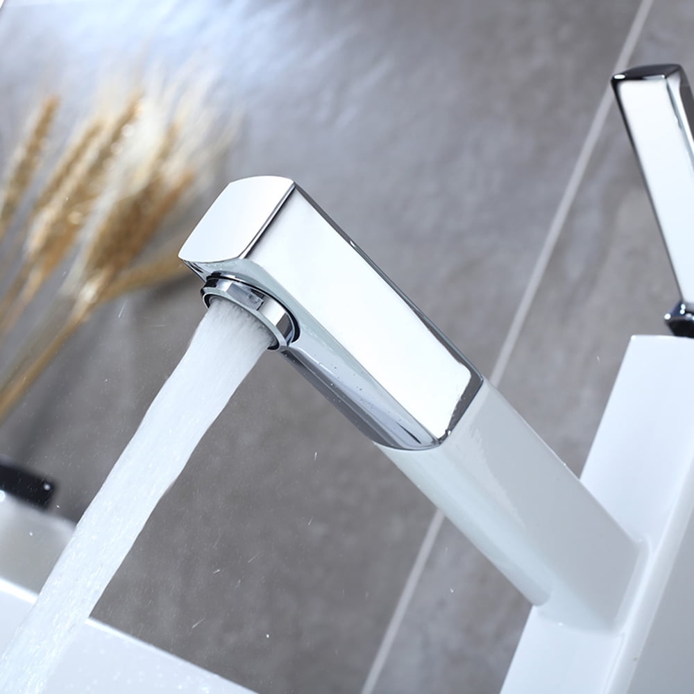 KAIYING Single Handle Bathroom Sink Faucet with Pull Out Sprayer, Rotating Spout, Pull Down Basin Mixer Tap for Hot and Cold Water (Tall, Chrome & White)