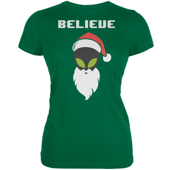 Christmas Believe Alien Santa Kelly Green Juniors Soft T-Shirt - Medium