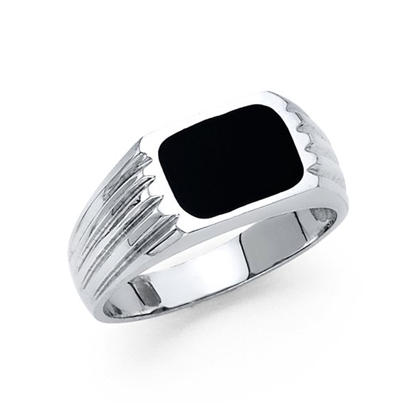 14K White Gold Cushion Black Onyx Ribbed shank 13 mm wide Men’s Ring (RS 85)