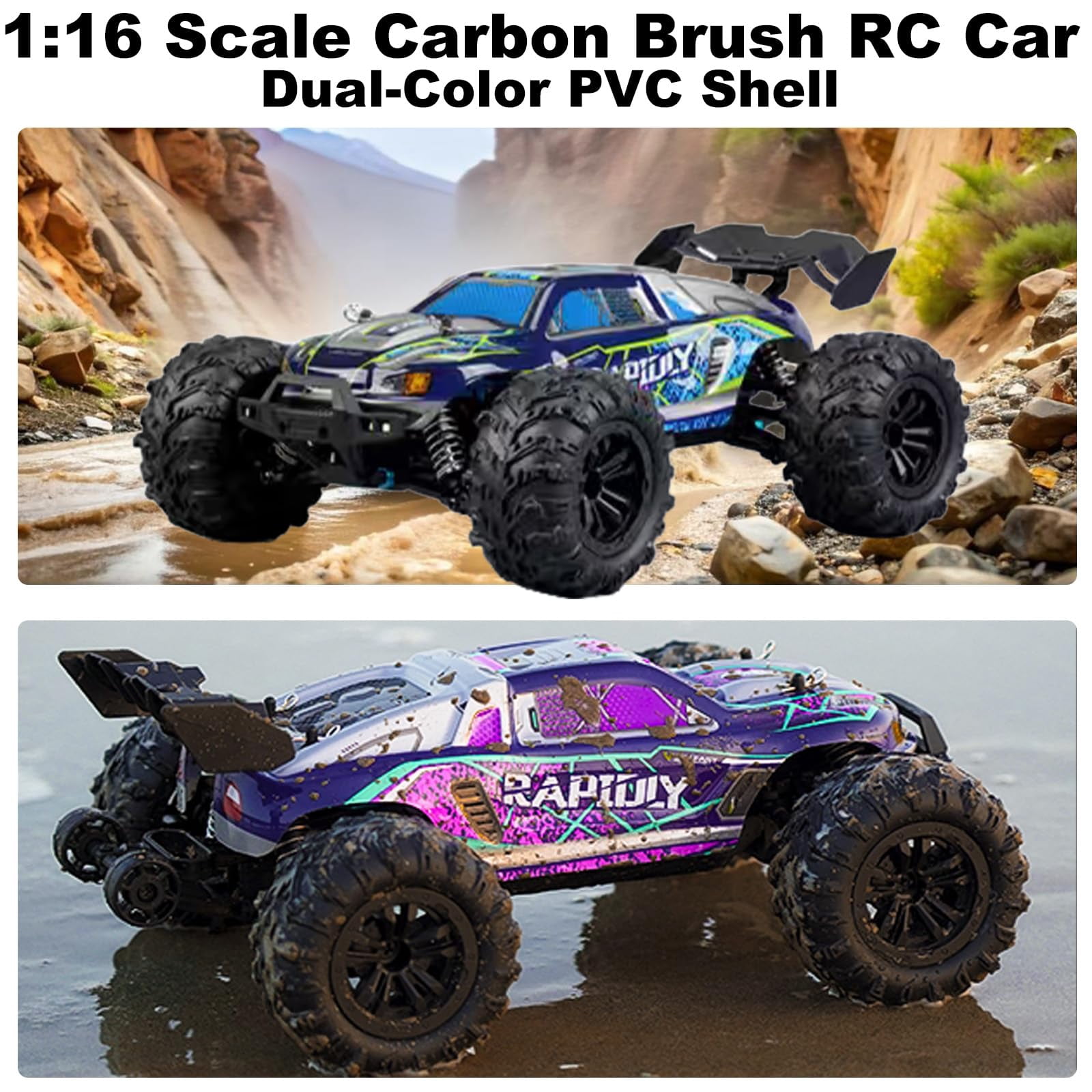 1:16 Scale All-Terrain RC Car for Adults, 38+KM/H High Speed 4WD Off-Road Remote Control Truck with 2 Rechargeable Batteries and Interchangeable car shells