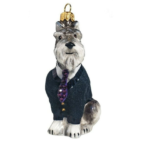 Gray Schnauzer with Cardigan Sweater and Crystal Tie Polish Glass Dog Ornament
