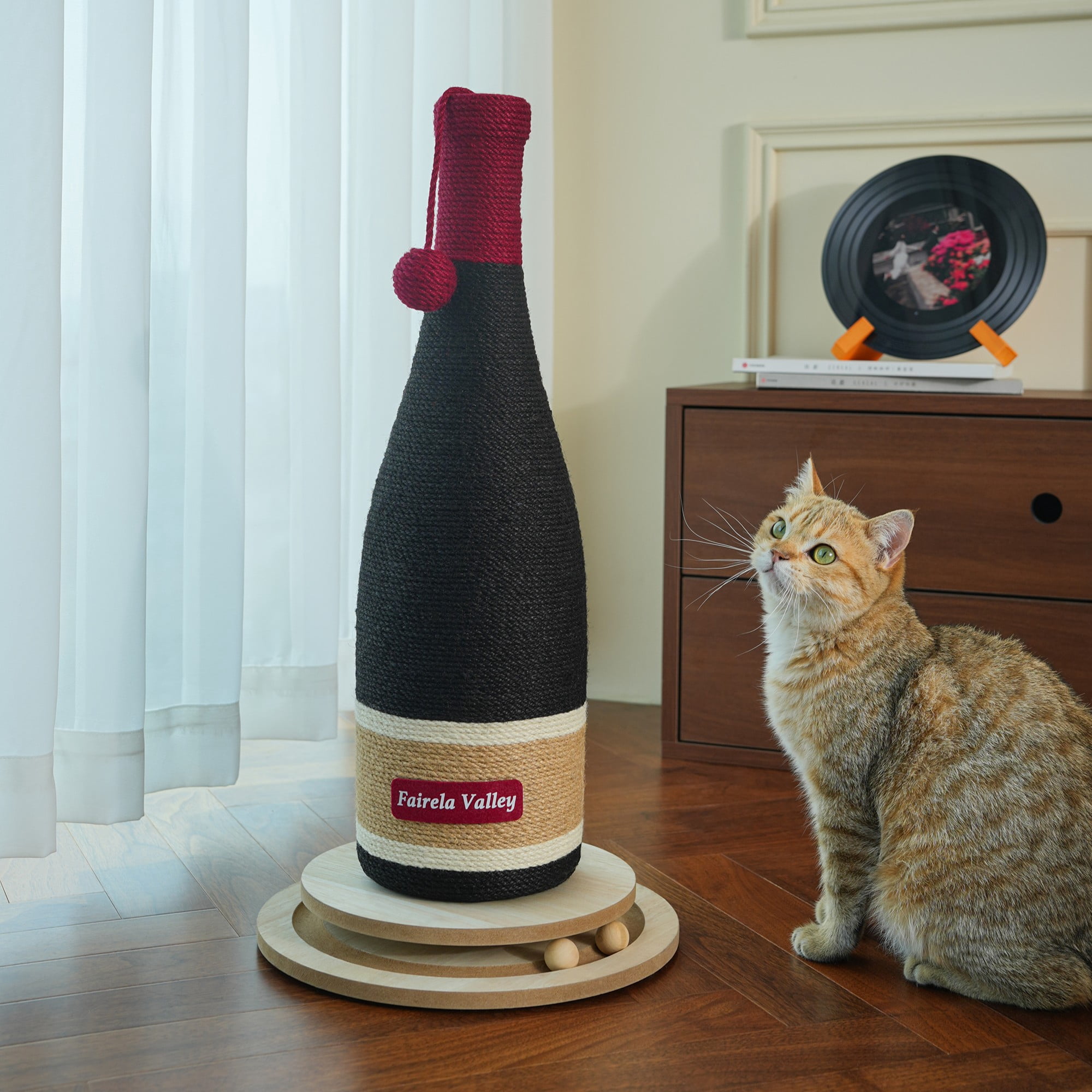 Fairela Rotating Base Sisal Rope Cat Scratching Post with Hanging Toy Ball, Brown Wine Bottle