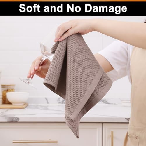 100% Cotton Waffle Weave Kitchen Towels - 4 Pack Soft and Absorbent Dish Towels - 16 x 26 Inches Quick Dry Hand Towels - Brown