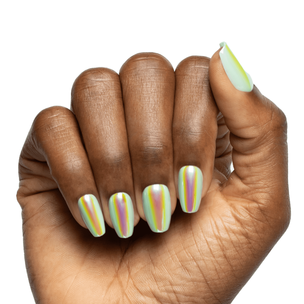 Olive & June + Bubble Instant Mani Medium Coffin Press-on Nails, Teal Glass Chrome, 42 Pieces