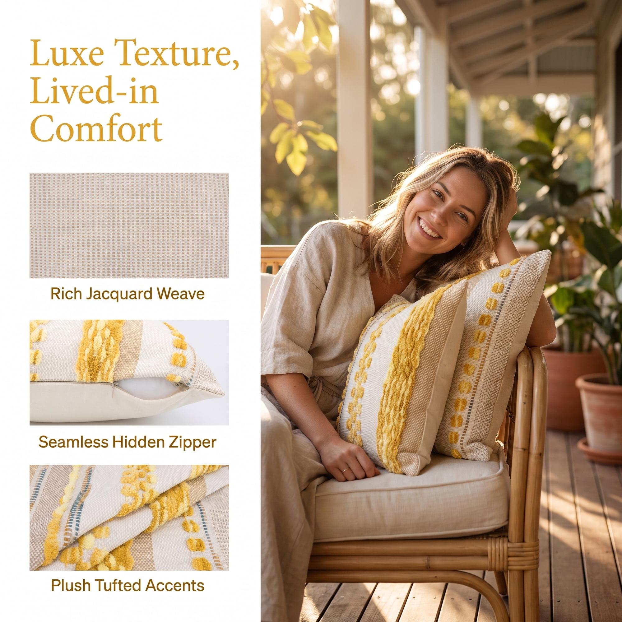 Unique Bargains 3D Chenille Tufted Pillow Cover Grid Stripe Cushion Case Yellow 18"x18"